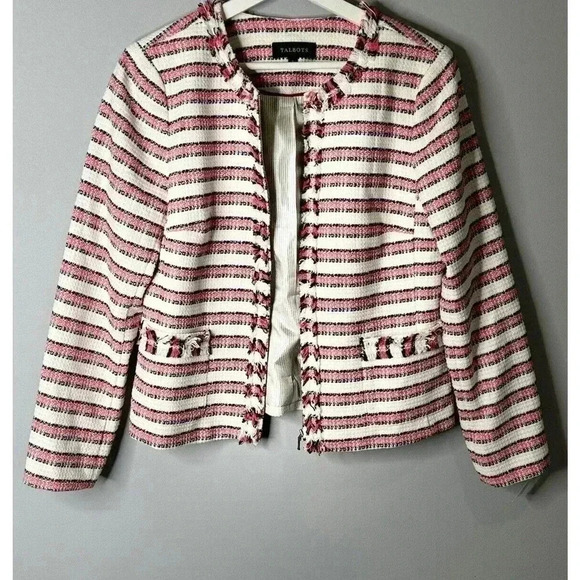 Talbots Multi Color Tweed Embroidered Fringe Trim Blazer Jacket Size 8 - Picture 1 of 10